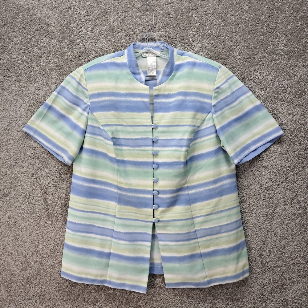 Dressbarn Woman Blue Green Striped Mock Neck Button Front Top Size 16W 8147